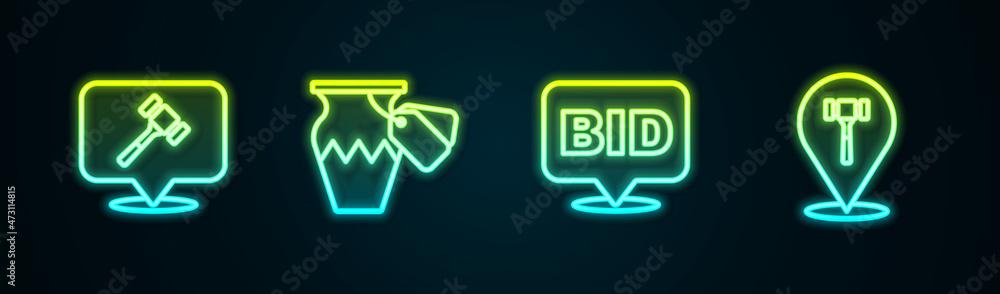 Set line Auction hammer, ancient vase, Bid and . Glowing neon icon. Vector Set line Auction hammer, ancient vase, Bid and . Glowing neon icon. Vector