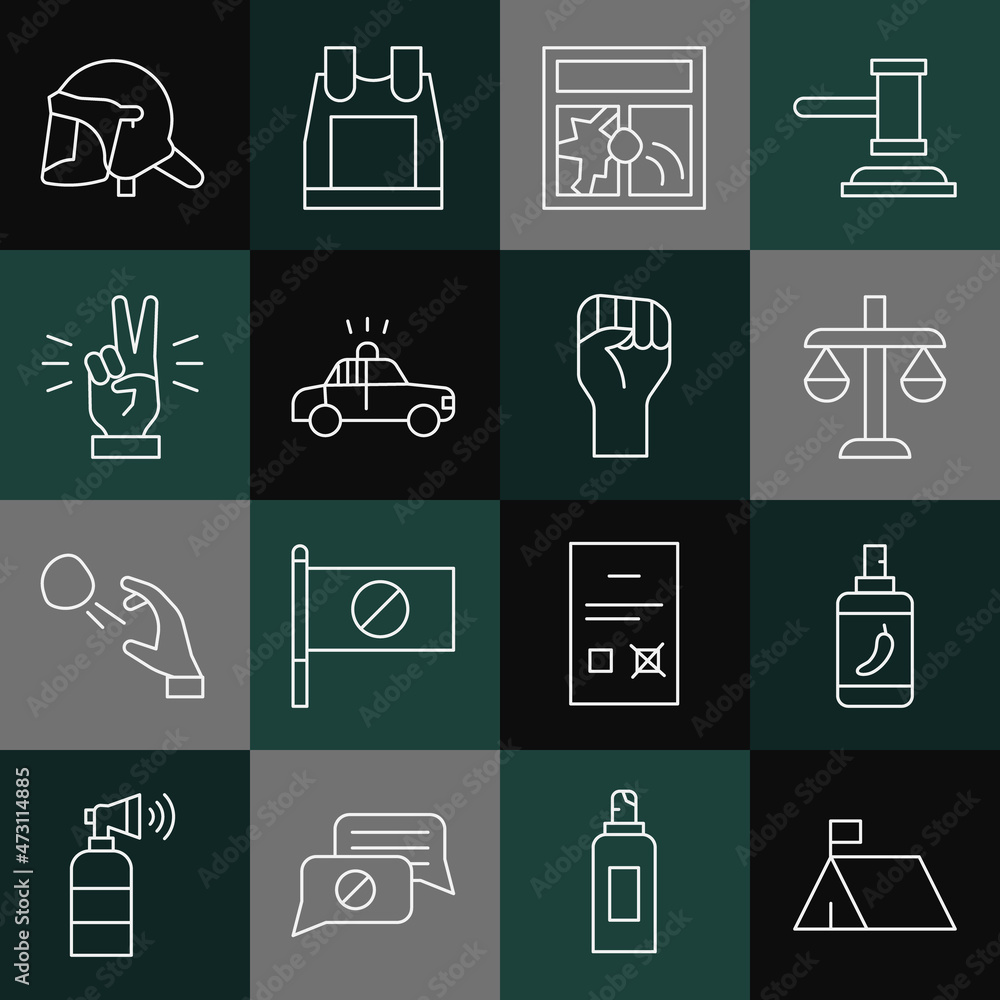 Set line Protest camp, Pepper spray, Scales of justice, Broken window, Police car and flasher, Hand showing two finger, helmet and Raised hand with clenched fist icon. Vector Set line Protest camp, Pepper spray, Scales of justice, Broken window, Police car and flasher, Hand showing two finger, helmet and Raised hand with clenched fist icon. Vector