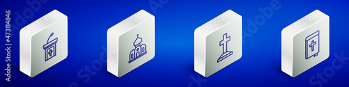 Set Isometric line Church sermon tribune, building, Grave with cross and Holy bible book icon. Vector