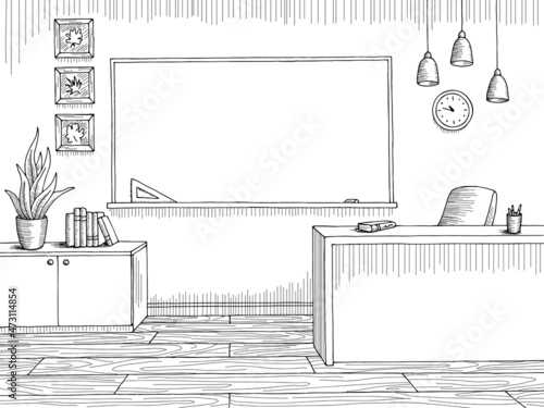 Classroom graphic black white interior sketch illustration vector 