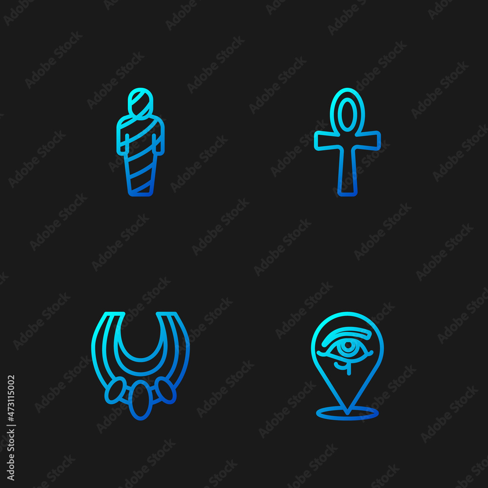 Set line Eye of Horus, Egyptian necklace, mummy and Cross ankh. Gradient color icons. Vector Set line Eye of Horus, Egyptian necklace, mummy and Cross ankh. Gradient color icons. Vector