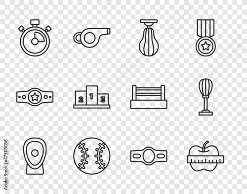 Set line Boxing training paws, Apple and measuring tape, Punching bag, Baseball ball, Stopwatch, Award over sports winner podium, belt and icon. Vector