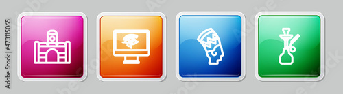 Set line Egyptian house, Eye of Horus on monitor, Nefertiti and Hookah. Colorful square button. Vector