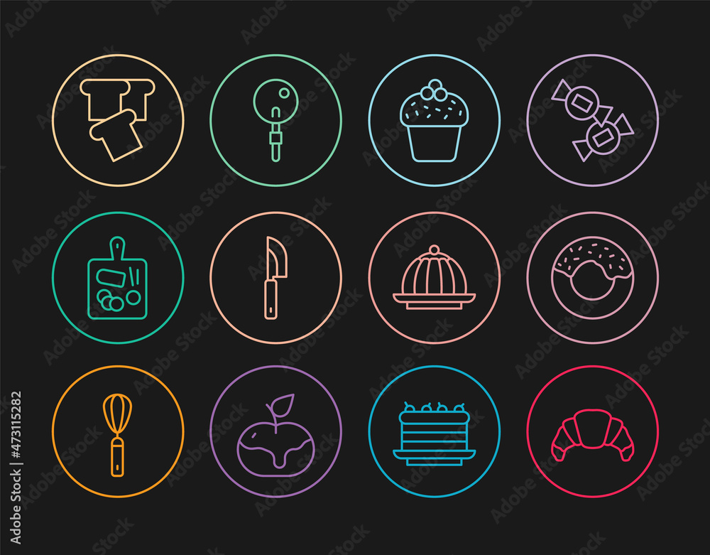 Set line Croissant, Donut, Cake, Knife, Cutting board, Bread toast, Pudding custard and Lollipop icon. Vector Set line Croissant, Donut, Cake, Knife, Cutting board, Bread toast, Pudding custard and Lollipop icon. Vector