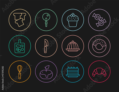 Set line Croissant, Donut, Cake, Knife, Cutting board, Bread toast, Pudding custard and Lollipop icon. Vector
