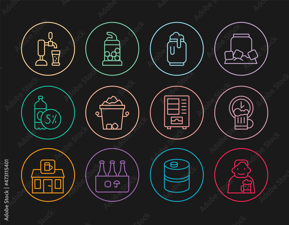Set line Happy man with beer, hour, Beer can foam, Ice bucket, bottle, tap glass, Vending machine and Bottle opener icon. Vector Set line Happy man with beer, hour, Beer can foam, Ice bucket, bottle, tap glass, Vending machine and Bottle opener icon. Vector