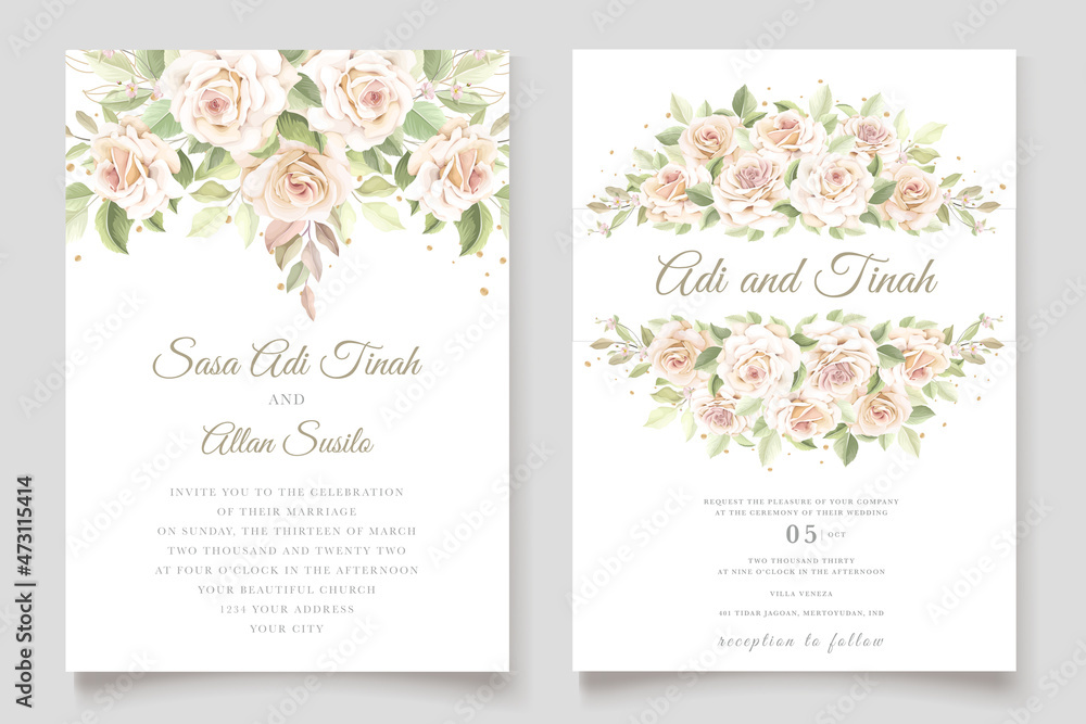 hand drawn floral roses wedding invitation card set 