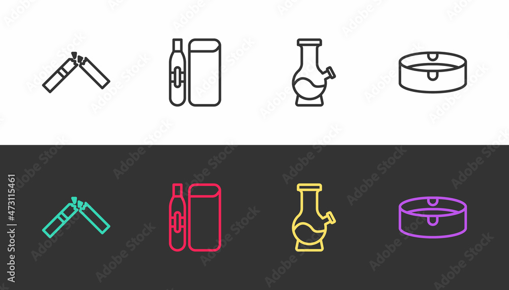 Set line Broken cigarette, Electronic, Bong and Ashtray on black and white. Vector Set line Broken cigarette, Electronic, Bong and Ashtray on black and white. Vector