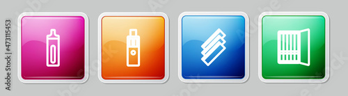 Set line Electronic cigarette, Vape mod device, Cigarette rolling papers and case. Colorful square button. Vector