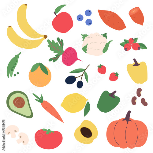 Fototapeta Naklejka Na Ścianę i Meble -  Set with hand drawn colored doodle vegetables and fruits. İsolated icon collection:banana,apple,berry,orange,radish,pepper,sweet potato,pumpkin,carrot,mushroom.
Vector illustration cartoon flat style