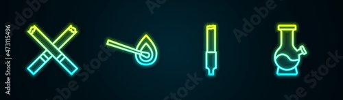 Set line Cigarette, Burning match with fire, and Bong. Glowing neon icon. Vector
