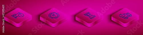 Set Isometric line Time to sleep, Clock 24 hours, Old hourglass and Delivery truck and time icon. Vector