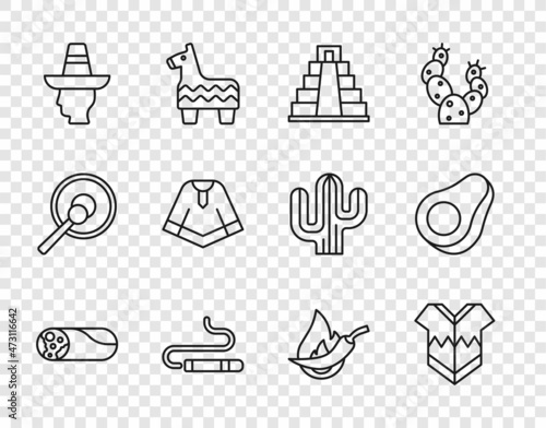 Set line Burrito, Poncho, Chichen Itza in Mayan, Cigar, Mexican man sombrero, Hot chili pepper pod and Avocado fruit icon. Vector