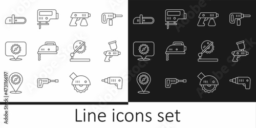 Set line Electric cordless screwdriver, Paint spray gun, jigsaw, Circular blade, Chainsaw, Table for woodwork and icon. Vector