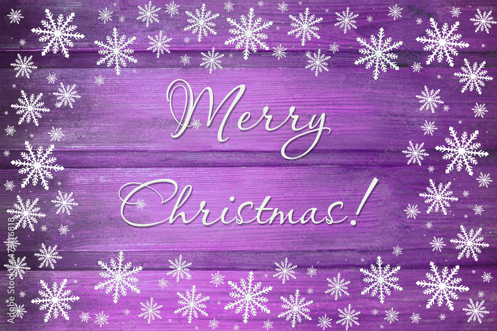 Winter wooden magenta purple lilac nature background with snowflakes around. Texture of painted wood horizontal boards. Merry Christmas card.