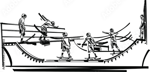 vector sketch illustration of the yang skateboarders jump in skateboard park