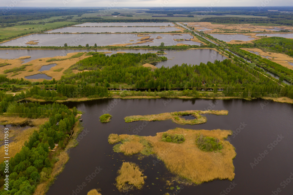 Aerial view of abandoned fish ponds.