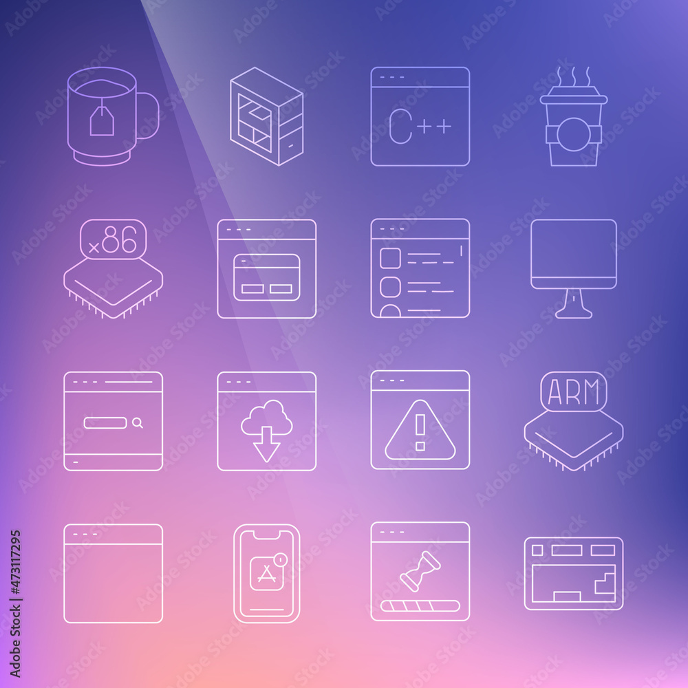 Set line Keyboard, Processor, Computer monitor screen, Software, Search engine, with microcircuits CPU, Cup tea tea bag and Browser files icon. Vector Set line Keyboard, Processor, Computer monitor screen, Software, Search engine, with microcircuits CPU, Cup tea tea bag and Browser files icon. Vector