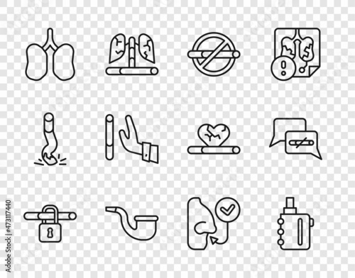 Set line No smoking, Electronic cigarette, pipe, Lungs, Giving up, Healthy breathing and icon. Vector