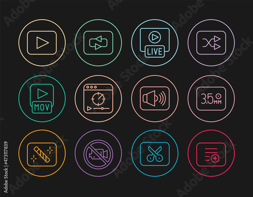 Set line Add to playlist, Audio jack, Live stream, Online video, MOV file, Play button, Speaker volume and Repeat icon. Vector