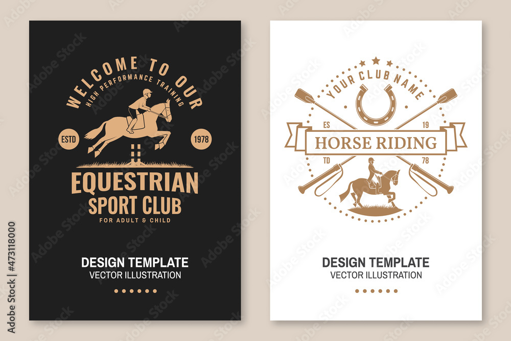 Set of Horse riding sport club flyer, brochure, banner, poster. Vector illustration. Vintage monochrome equestrian label with rider, riding crop and horse silhouettes. Horseback riding sport.