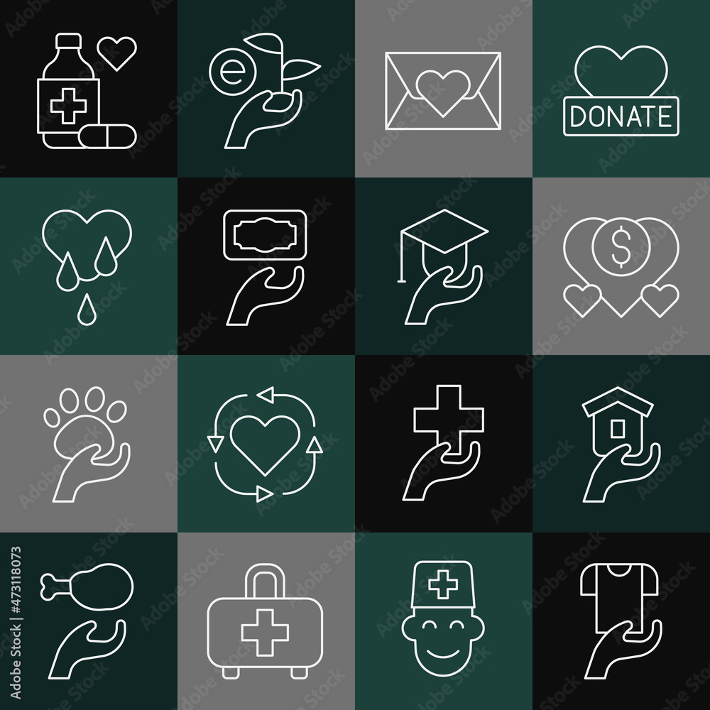 Set line Clothes donation, Shelter for homeless, Donation and charity, Envelope with heart, Blood, Medicine bottle pills and Education grant icon. Vector Set line Clothes donation, Shelter for homeless, Donation and charity, Envelope with heart, Blood, Medicine bottle pills and Education grant icon. Vector