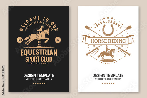 Set of Horse riding sport club flyer, brochure, banner, poster. Vector illustration. Vintage monochrome equestrian label with rider, riding crop and horse silhouettes. Horseback riding sport.