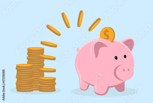 Piggy bank with coin vector illustration. Saving, investing and accumulation money. Pig in a flat style.