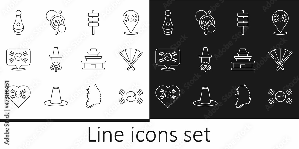 Set line South Korea flag, Traditional fan, Korean food tokpokki, hat, Location, Soju bottle, temple and won coin icon. Vector