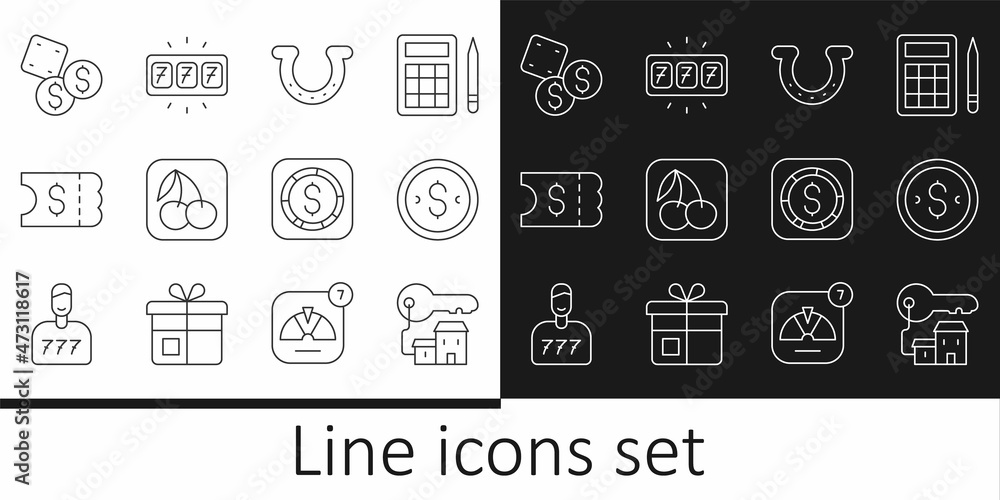 Set line Winning house with key, Coin money dollar, Horseshoe, Slot machine cherry, Lottery ticket, Game dice, and jackpot icon. Vector Set line Winning house with key, Coin money dollar, Horseshoe, Slot machine cherry, Lottery ticket, Game dice, and jackpot icon. Vector