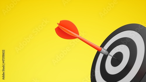3D Rendering Red Dart aim to Dartboard target Isolated on yellow Background
