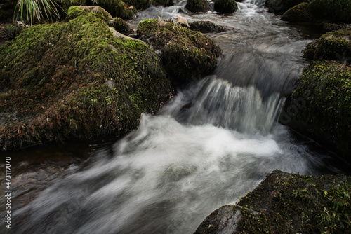 Wasser eines Flusses mit Dynamic  Wellen und Stromschnelle  die   ber Steine mit Moosen herab flie  t