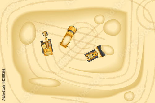 Sand quarry. Top view. Quarry landscape. Sand pit with heavy mining equipment, bulldozer, trucks, excavatory. Open mine industry vector concept. Pit sand and excavator with heavy machinery.