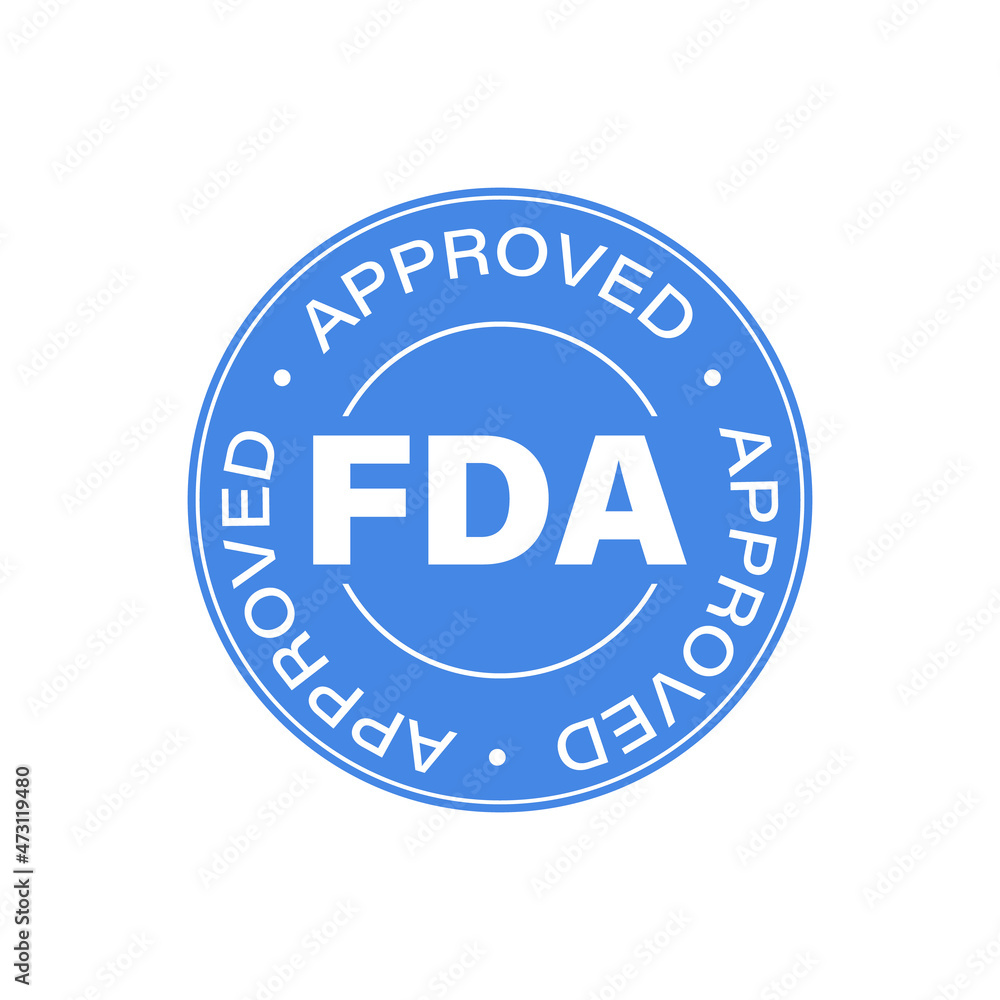 FDA Approved (Food and Drug Administration) icon, symbol, label, badge, logo, seal. Blue round icon isolated on white background
