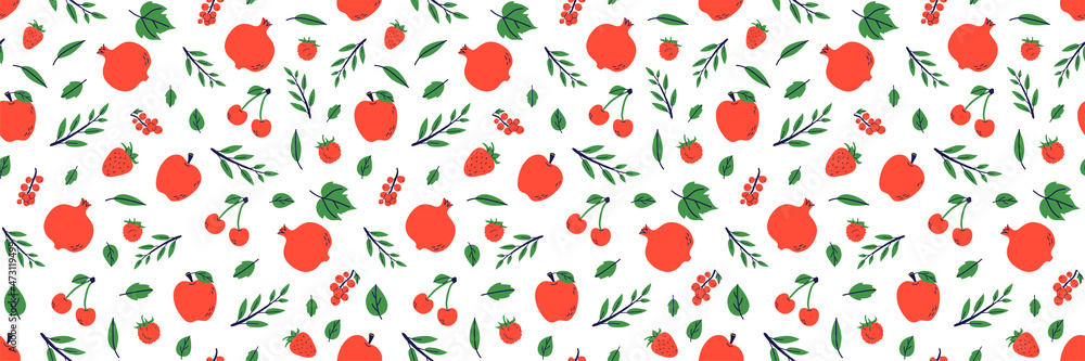 Fruit and berry seamless pattern. Garnet, strawberry and apple. Color illustration in hand-drawn style. Vector repeat background Fruit and berry seamless pattern. Garnet, strawberry and apple. Color illustration in hand-drawn style. Vector repeat background