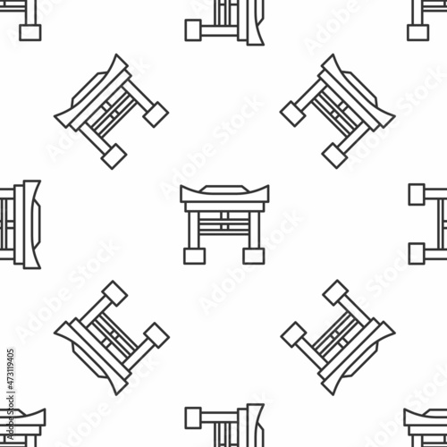 Grey line Japan Gate icon isolated seamless pattern on white background. Torii gate sign. Japanese traditional classic gate symbol. Vector Illustration