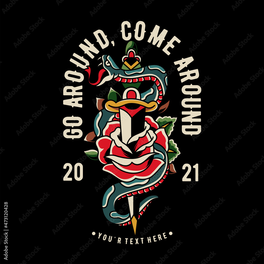 Ταπετσαρία oldschool tattoo illustration with snake and roses
