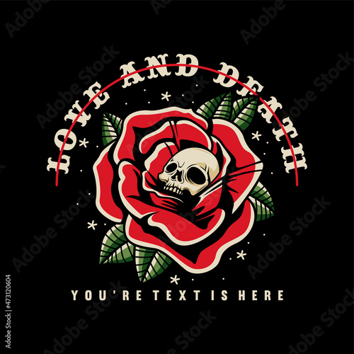 vintage rose illustration with skull head inside