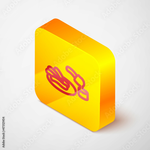 Isometric line Churros and chocolate icon isolated on grey background. Traditional national Spain dessert, European street food. Yellow square button. Vector