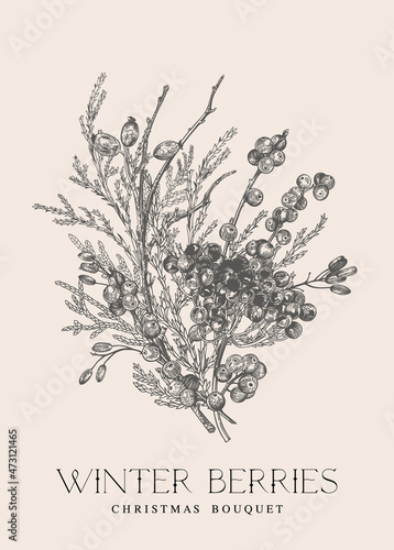 Vintage bouquet with coniferous branches and berries.