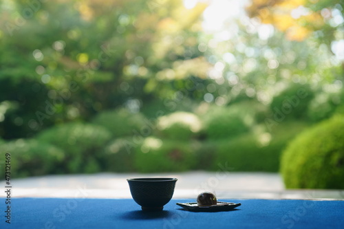 呈茶と和菓子、紺色の毛氈、日本庭園