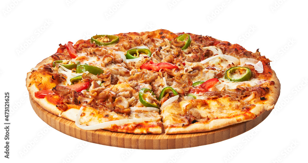  Delicious kebab italian pizza isolated on a white background