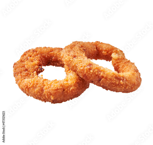  Two breaded onion rings isolated on a white background