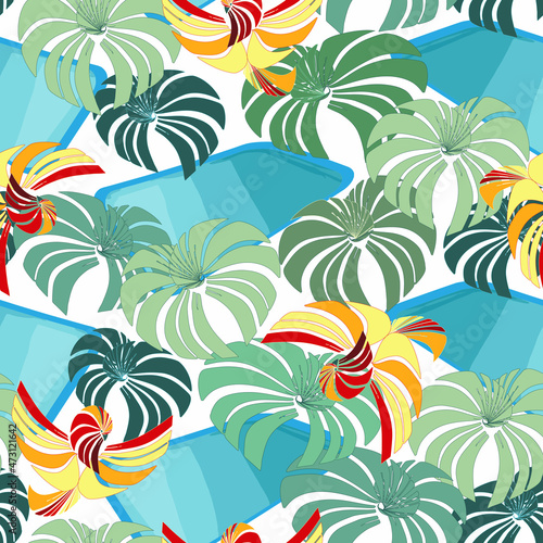 Vector EPS10 seamless pattern  the Mid-century bright d  cor  with palm leaves  flying parrots and swimming pool water  from the high view staying on a balcony somewhere in a beachfront hotel