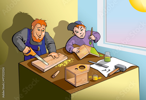 Father and son making a wooden birdhouse together, cartoon vector illustration