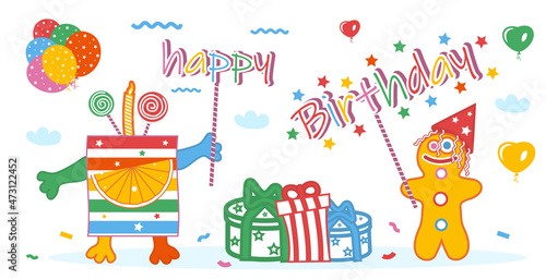 HAPPY BIRTHDAY. Greeting card with funny colorful jelly and funny cookies  gifts  heart-shaped balloons  stars  confetti  sky  clouds and happy birthday lettering on a white background. Vector illustr