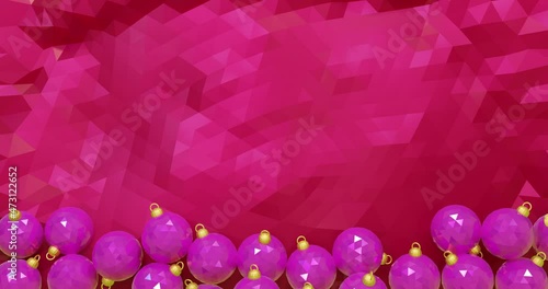 Pink and gold Christmas tree balls on red low poly tablecloth