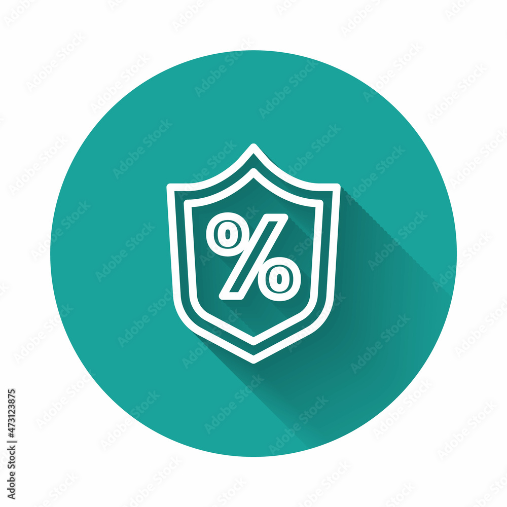 White line Loan percent icon isolated with long shadow background. Protection shield sign. Credit percentage symbol. Green circle button. Vector White line Loan percent icon isolated with long shadow background. Protection shield sign. Credit percentage symbol. Green circle button. Vector