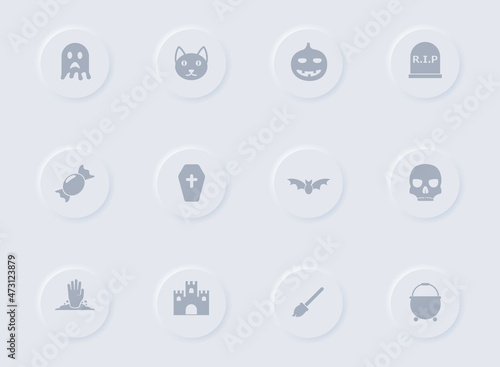 helloween gray vector icons on round rubber buttons. helloween icon set for web, mobile apps, ui design and promo business polygraphy