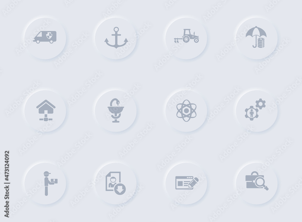 job search gray vector icons on round rubber buttons. job search icon set for web, mobile apps, ui design and promo business polygraphy